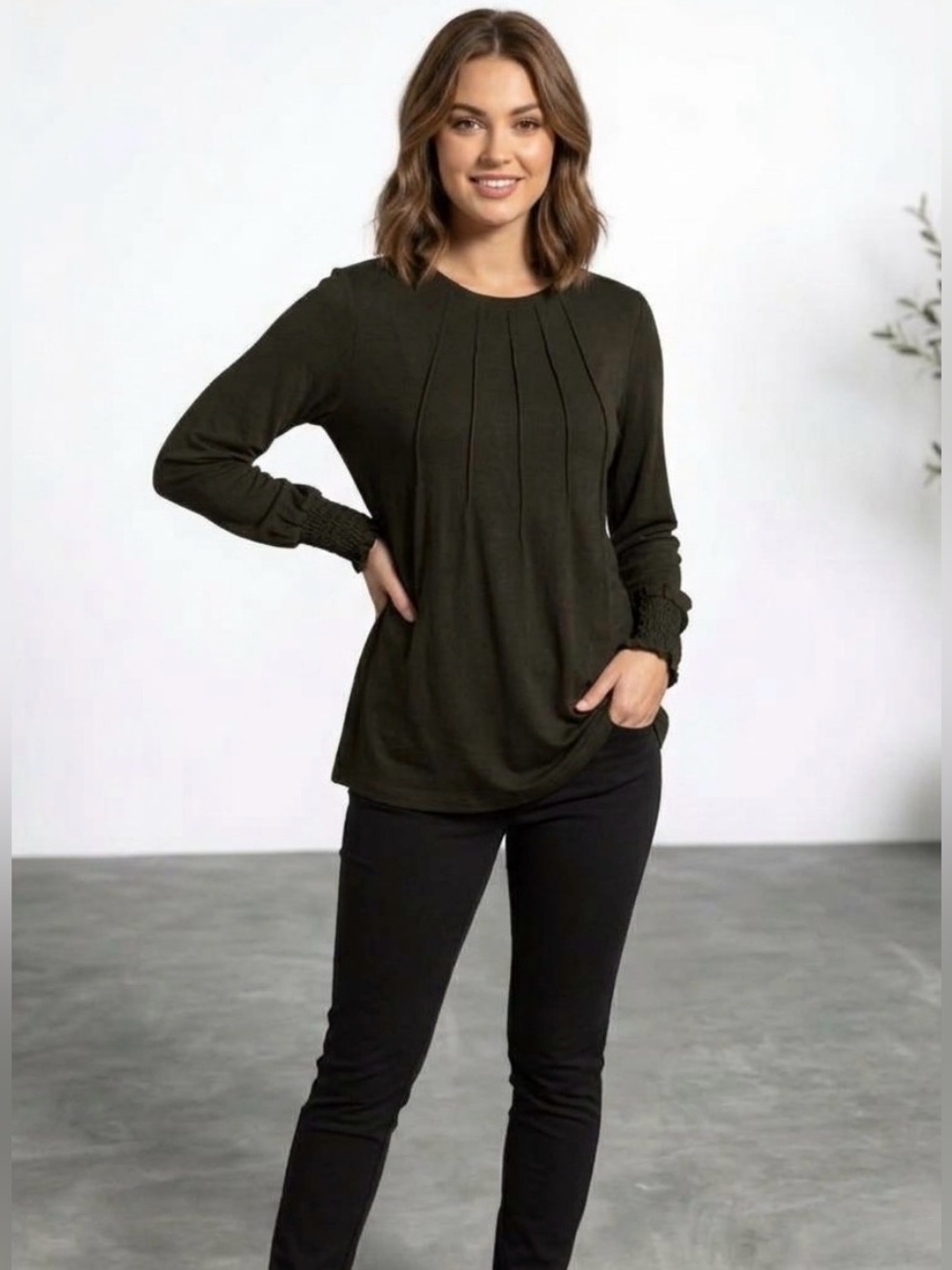 Long Sleeve Pleated Blouse with Smocked Cuffs